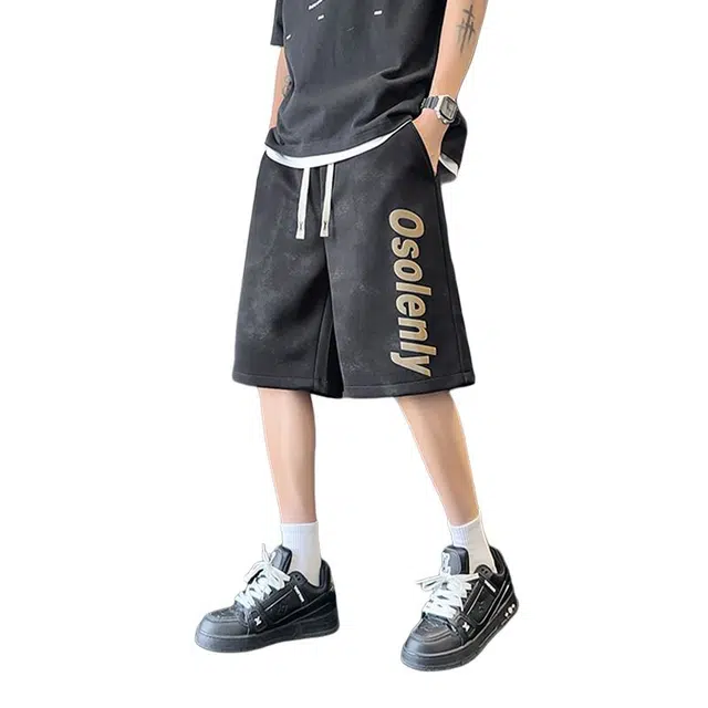 佐菲利 美式扎染压花字母薄款凉感透气潮牌五分裤子宽松运动中裤休闲短裤 男女同款