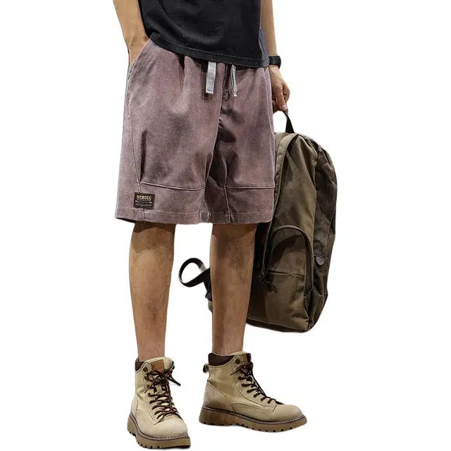 前进牛 夏季美式高街潮牌云染洗褪休闲男潮牌宽松直筒中裤美式复古运动五分裤工装短裤 男女同款