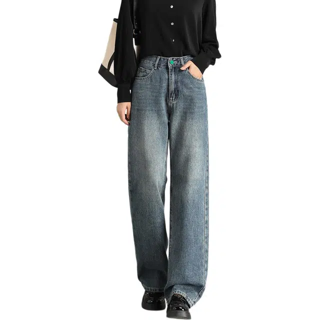 法文箱子 复古水洗直筒裤纯色高腰长裤牛仔裤 女款