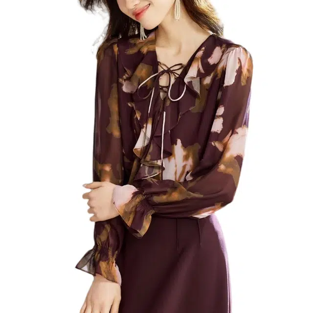 曲韩 长袖雪纺衫女上衣碎花蝴蝶结衬衫 女款 图片色