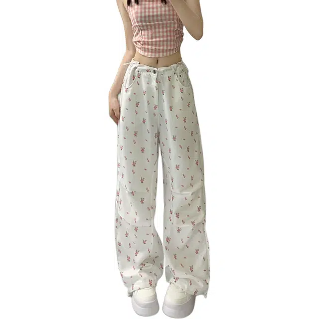 纤丝鸟 碎花高腰阔腿休闲束脚美式速干运动裤工装裤 女款