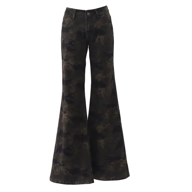 拾籍 美式复古低腰迷彩设计喇叭裤修身弹力百搭垂感牛仔裤 女款