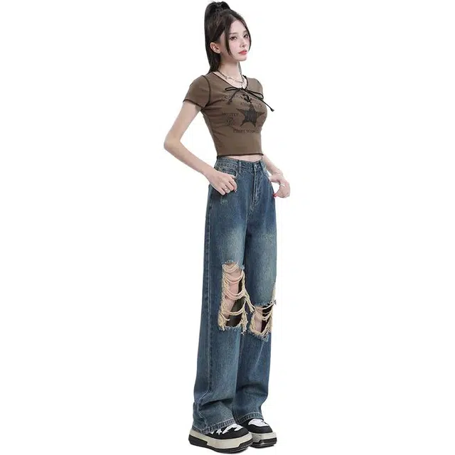 么宁 高腰夏季破洞直筒宽松水洗阔腿裤显瘦遮肉设计时尚拖地裤牛仔裤 女款