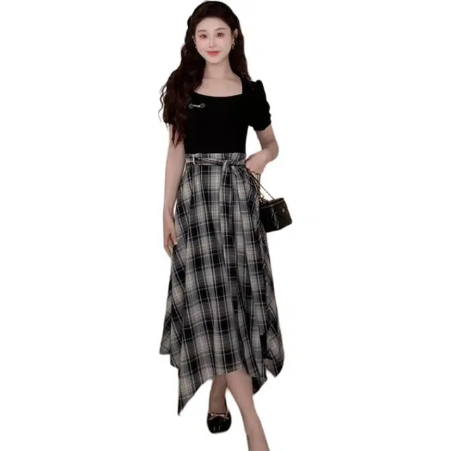 鹿向南 假两件长裙简约拼色常规短袖方口领优雅气质收腰裙装套装 女款