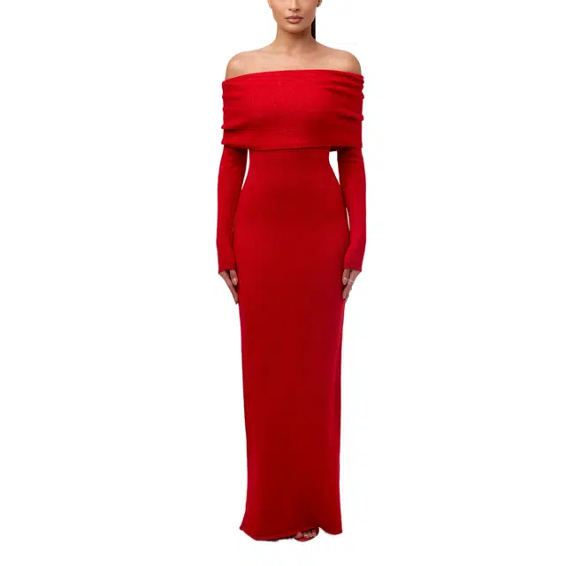 NAKED WARDROBE Boucle Off-Shoulder Maxi Dress Knits