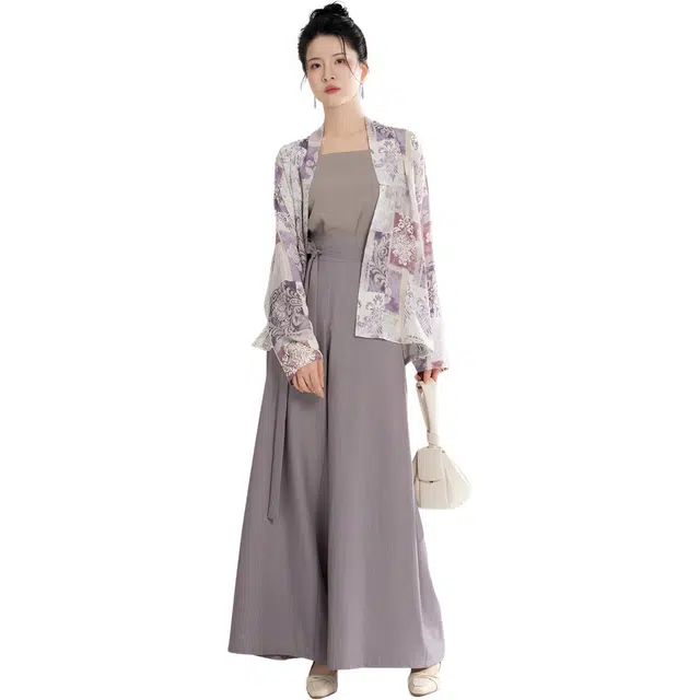 织造司 紫芸原创宋制宽松堆堆领飞机袖抹胸改良宋裤三件套汉服 女款