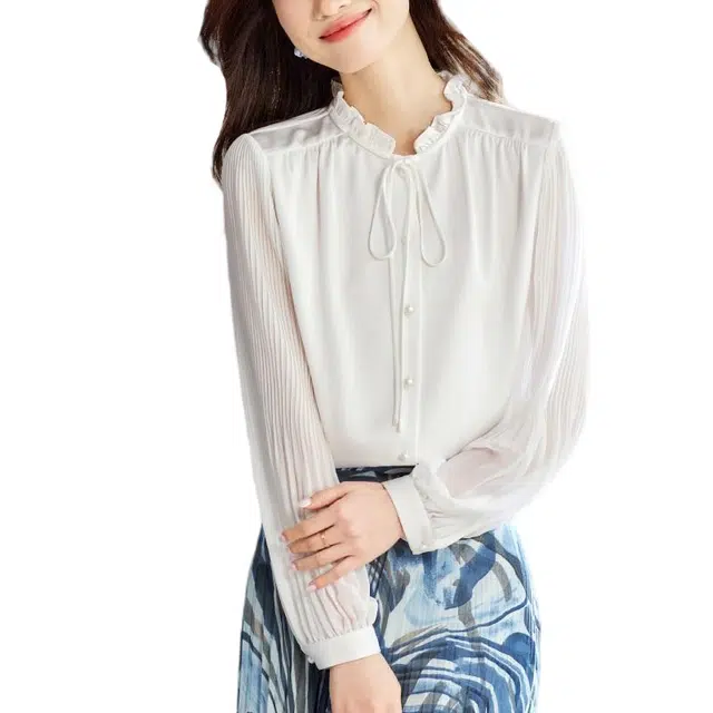 曲韩 蝴蝶结长袖雪纺衫女上衣洋气衬衫 女款 白色