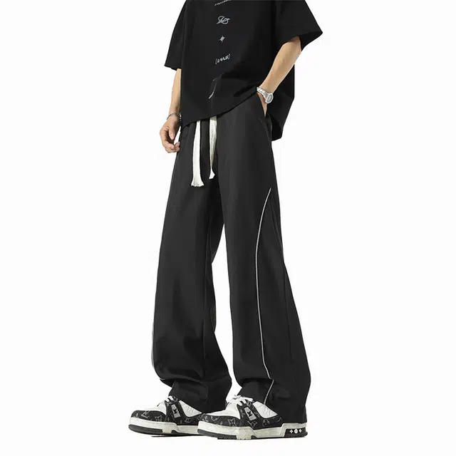 八哥 美式复古高街潮牌弧形分割设计抽绳系带松紧中腰直筒显高阔腿垂感空调拖地长裤宽松透气针织薄款运动大码休闲裤 男女同款