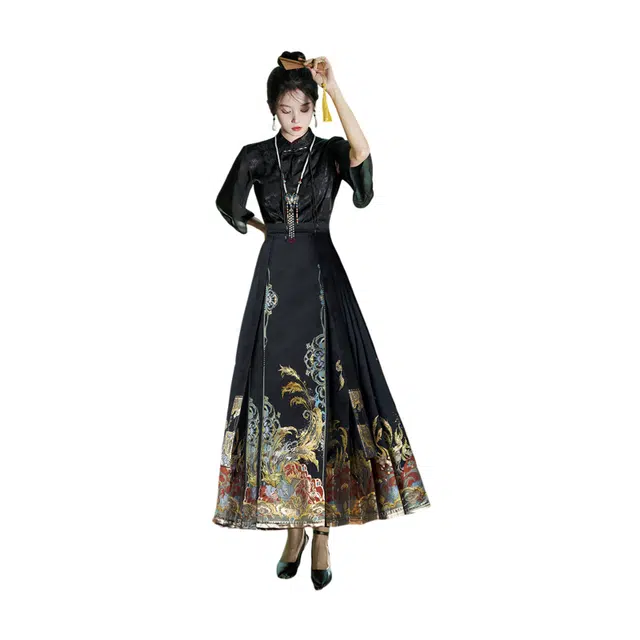 荟萃阁 新中式立领提花盘扣网纱短袖一片式超大摆织金刺绣马面裙裙装套装 女款