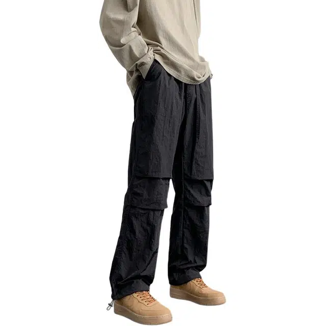 协协乐 高街风夏季薄款冰丝凉感透气宽松直筒褶皱设计感拖地裤百搭长裤休闲裤 男款