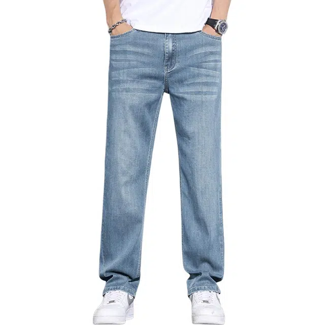 顶峰保罗 无性别主义天丝薄款美式潮牌宽松直筒裤子垂感休闲时尚长裤百搭潮流设计感水洗做旧大码牛仔裤 男女同款