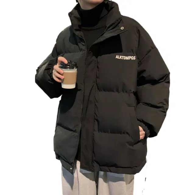 玉儿恋 港风纯色宽松休闲立领面包棉服 男款 黑色