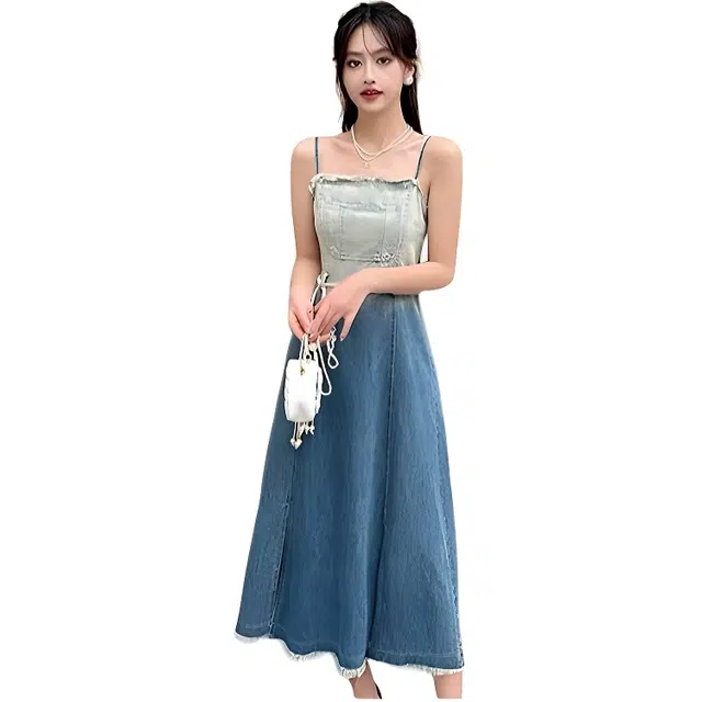 哒头下雨不愁 渐变色牛仔裙高级感修身甜美气质显瘦流行长裙子吊带连衣裙 女款