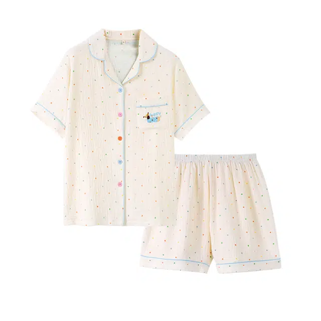 夏芬妍 甜美可爱卡通婴儿棉双层纱翻领短袖短裤家居服简约休闲可外穿睡衣套装 女款