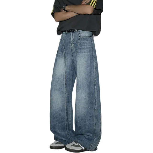 宝米卡 美式高街弯刀阔腿裤夏季潮牌直筒长裤子牛仔裤 男女同款