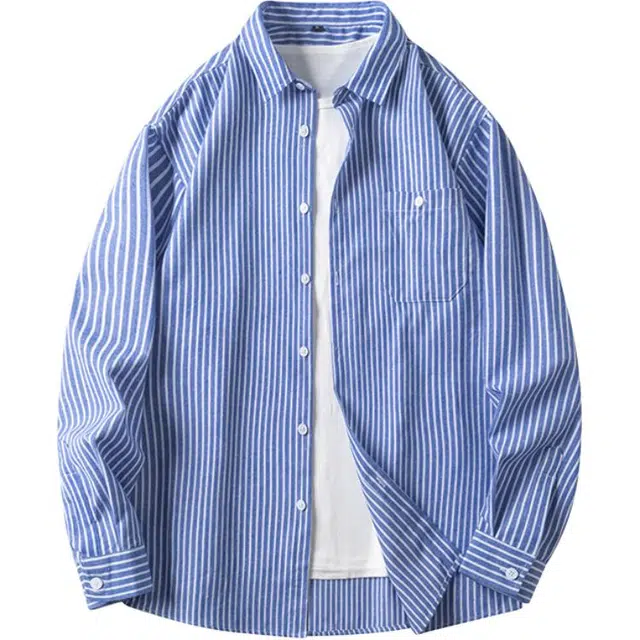 太子龍 蓝白条纹外套男免烫宽松夏季高级感日系潮牌休闲长袖衬衣衬衫 男女同款