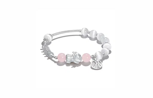 牧言 国潮复古新中式圆珠纳福吞金兽圆珠锁骨链手链套装 粉色貔貅串珠项链 女款