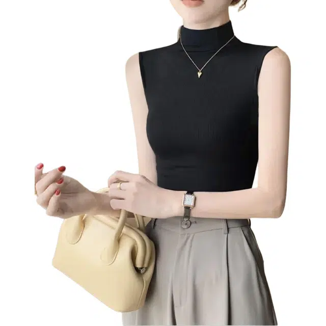 善己 纯色半高领短款内搭修身休闲百搭露脐外穿打底无袖背心 女款