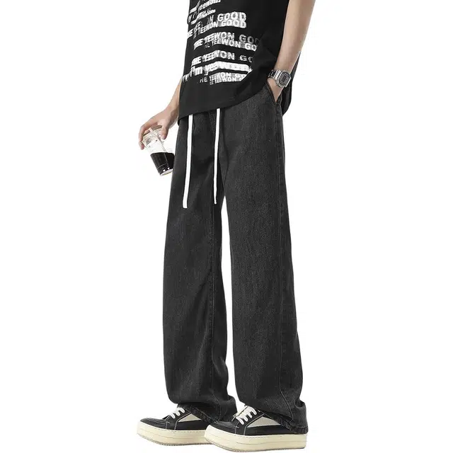 八哥 美式复古高街风宽松系带休闲牛仔裤 男女同款