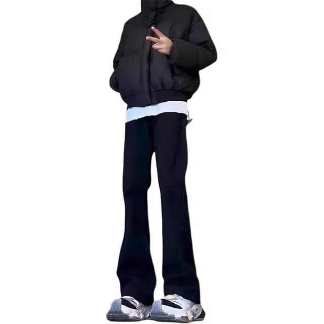 八哥 美式高街复古水洗做旧废土风微喇微弹金属拉链设计窄版柔软中腰显高修身通勤百搭无性别主义垂感弯刀牛仔裤 男女同款