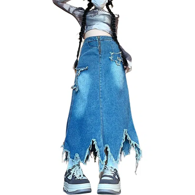 哒头下雨不愁 半身裙修身显瘦小众设计感五角星贴布水洗裙子牛仔长裙 女款