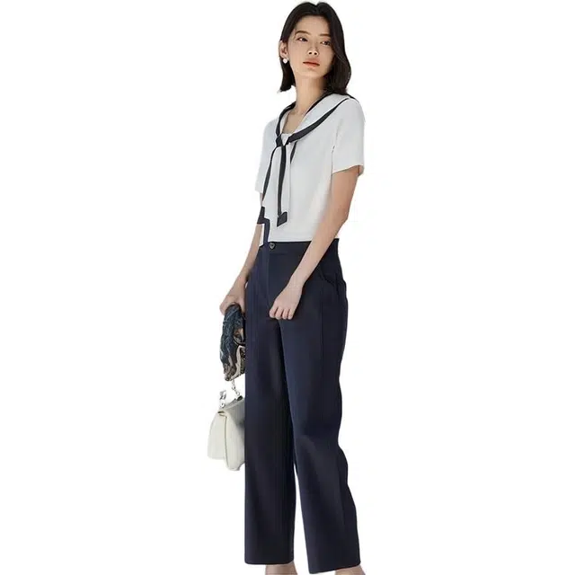 潞优野 披件设计上衣拼接短袖纯色简约长裤休闲套装 女款