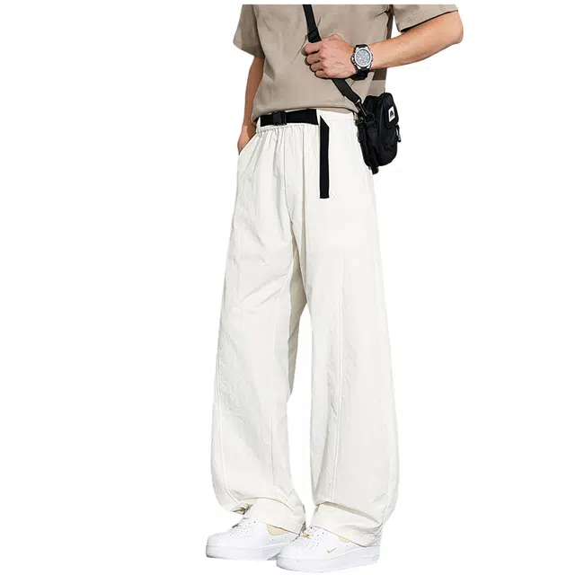 赛瀚 男生美式弯刀裤时尚宽松阔腿裤男士冰丝夏季薄款透气降温凉感潮流松紧腰运动长裤潮牌高街风设计纯色简约百搭帅气休闲裤 男女同款