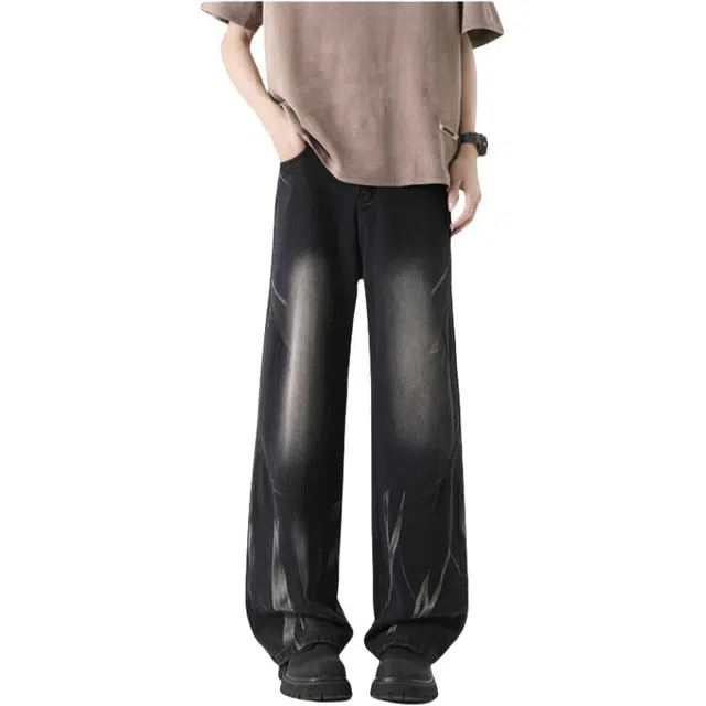 大白鲨 高街水洗做旧扎染潮流宽松直筒牛仔裤 男女同款