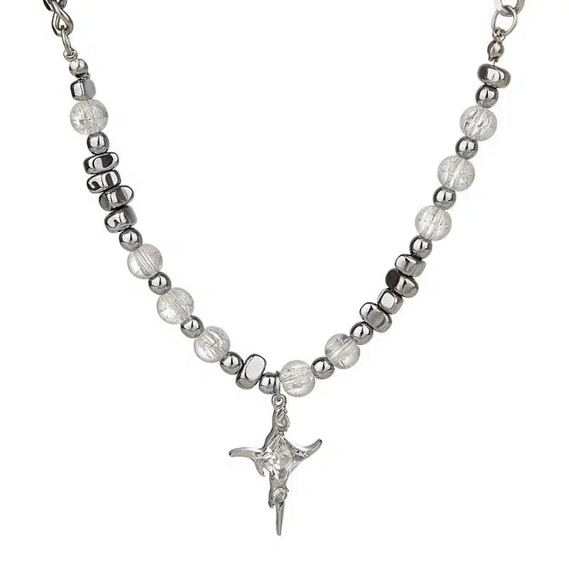 前方大荒野 冰裂珠十字架不规则拼接轻奢高级感痞帅中性嘻哈说唱美式街头复古小众创意设计 钛钢 项链 男女同款情侣款