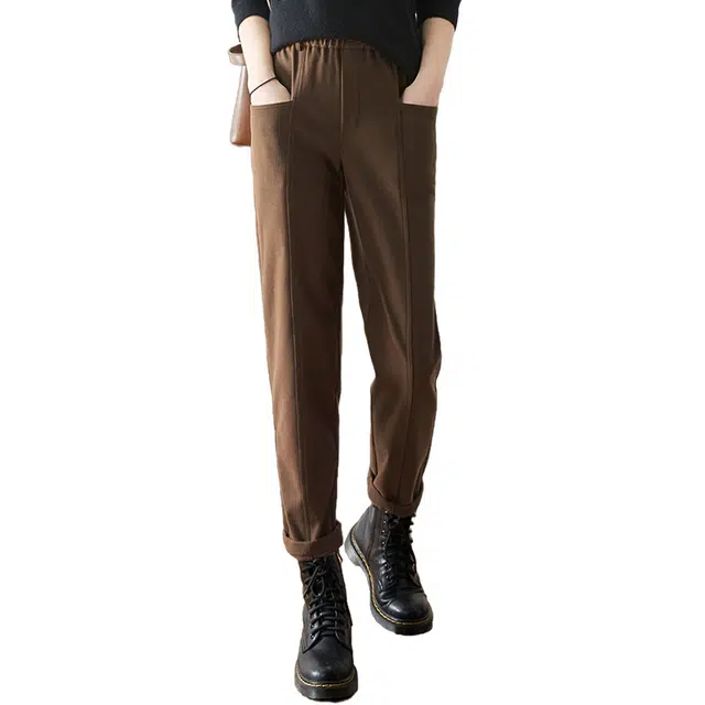 她池 松紧腰咖啡色拼接哈伦裤宽松显瘦小脚休闲裤 女款