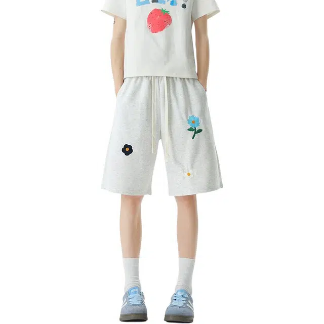 煦加 潮牌美式复古小花刺绣宽松慵懒风运动时尚百搭休闲短裤 男女同款