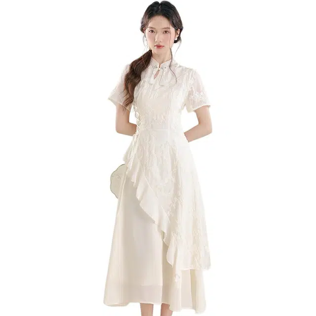 黛尔佳人 国风不规则荷叶边夏季新中式改良旗袍年轻款裙子短袖连衣裙 女款