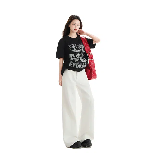 水中花 美式复古春夏季宽松百搭高腰长裤牛仔裤 女款