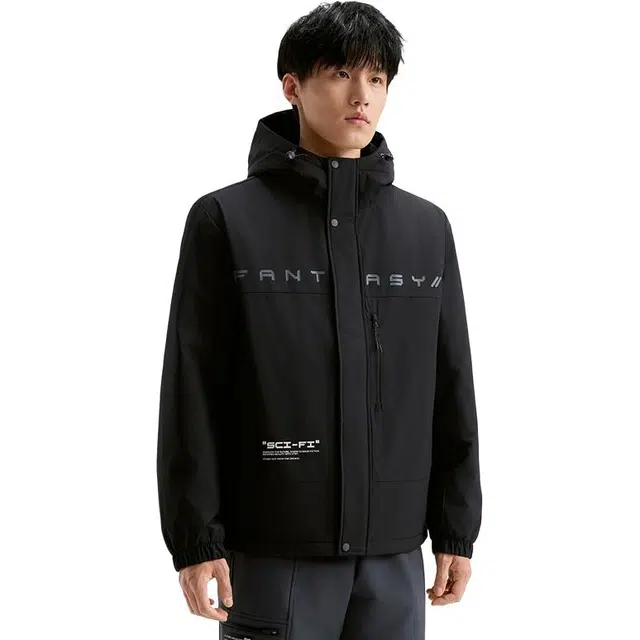 特步 生活系列 字母宽松连帽运动长袖棉服 男款 正黑色