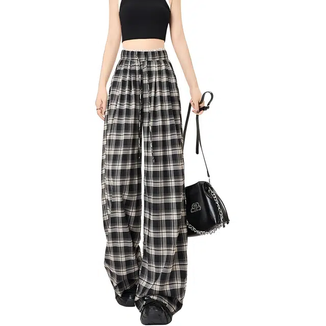 纤丝鸟 韩系花边格子阔腿裤小个子慵懒风高腰宽松休闲裤 女款