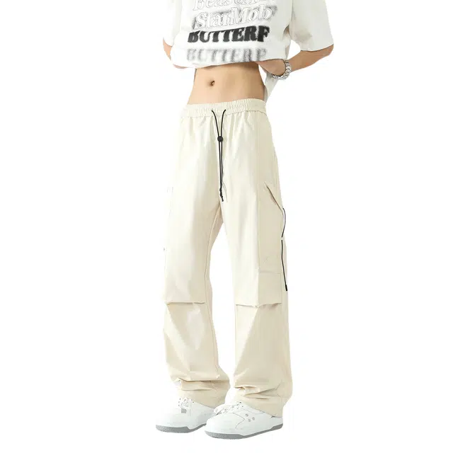 敦煌博物馆 美式高街户外通勤机能风多口袋系带松紧腰褶皱感工装伞兵宽松百搭直筒休闲裤 男女同款