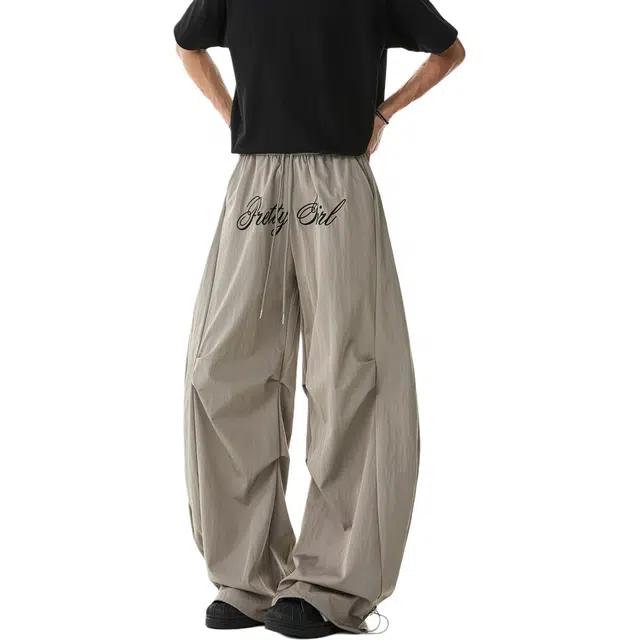隐狼世家 美式高街字母刺绣褶皱伞兵裤子夏宽松阔腿速干长裤运动休闲裤 男款