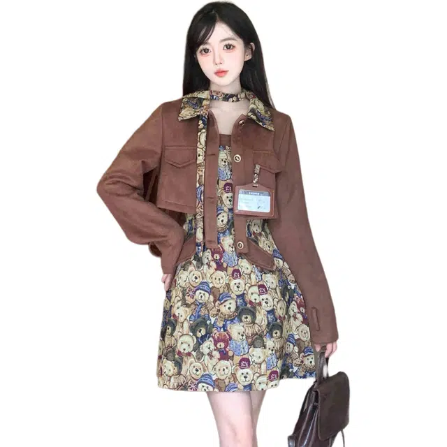 古莲菲 长袖短外套显瘦连衣裙裙装套装 女款 棕色