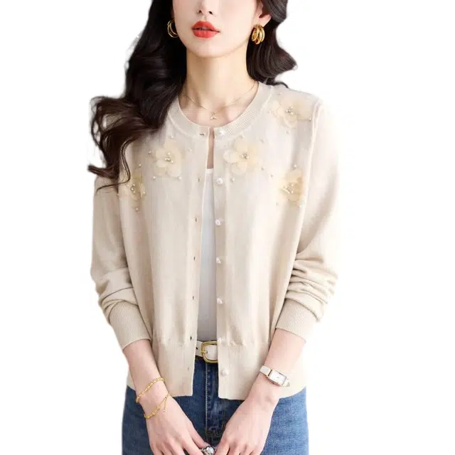 曲韩 薄款宽松开衫女妈妈洋气别致超好看针织衫 女款