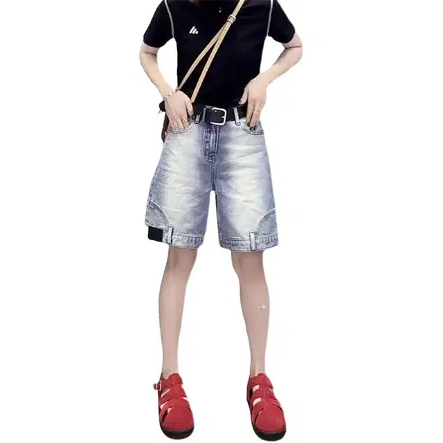 丝絮丝绸 大码宽松显瘦高腰设计感阔腿五分牛仔短裤 女款