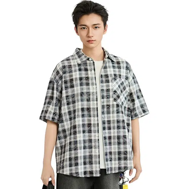 三福 蜡染格子休闲文艺翻领短袖衬衫 男款