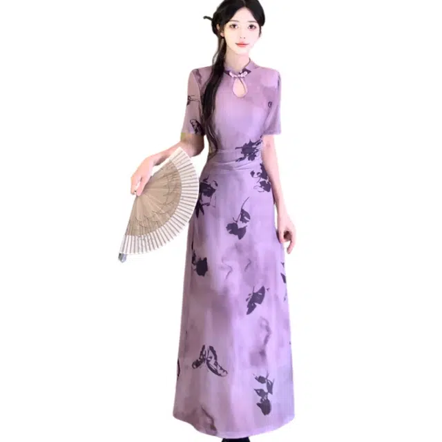 丝絮丝绸 大码新中式旗袍印花国风气质设计感小众显瘦长裙短袖连衣裙 女款