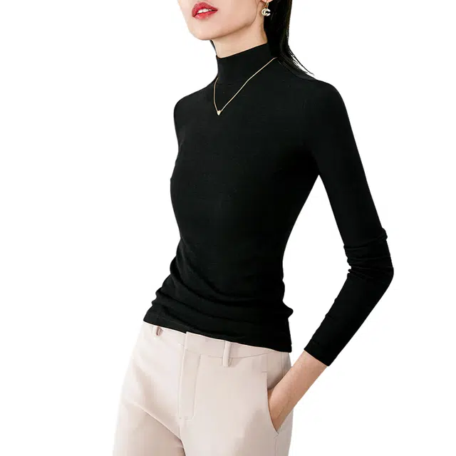 晚白 修身立领长袖休闲打底针织衫 女款 黑色