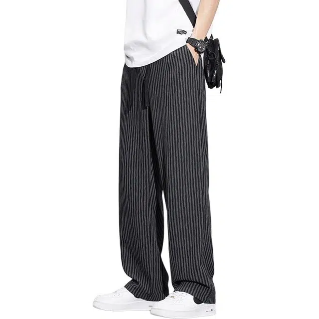 隐狼世家 条纹薄款宽松直筒垂感阔腿生潮牌冰丝运动长裤子休闲裤 男款