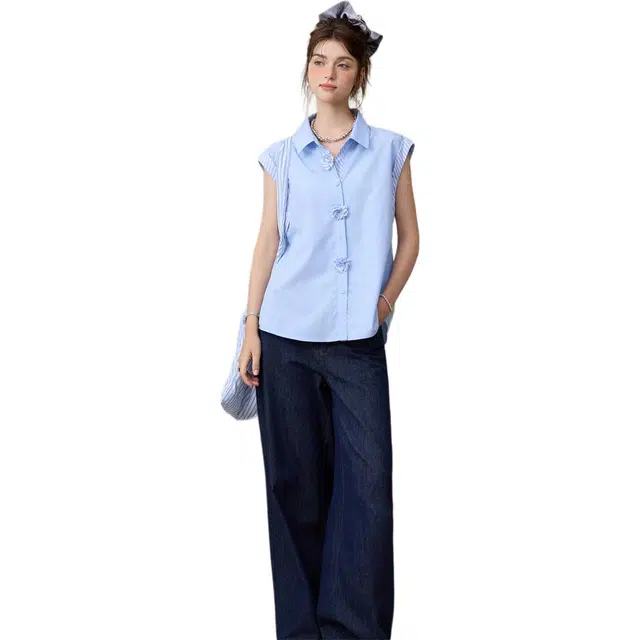 谜秀 条纹拼接翻领显瘦常规短袖法式衬衫 女款