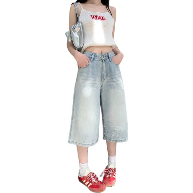 沐晓欣 浅色水洗做旧七分裤高腰宽松显瘦直筒阔腿中裤子牛仔短裤 女款