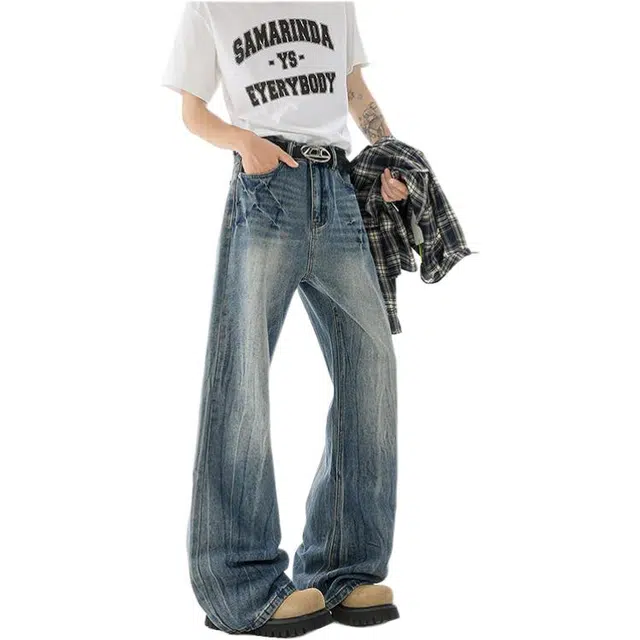 沃马 美式高街闪电裂纹水洗做旧阔腿复古重工微喇直筒牛仔裤 男女同款