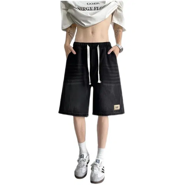 木木兔 男士夏季短裤美式潮流百搭男生裤子简约薄款天丝宽松直筒水洗五分裤夏天牛仔裤 男款