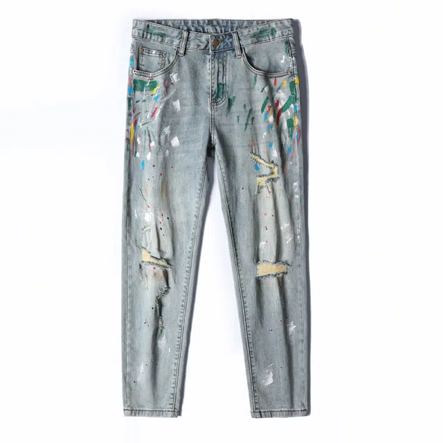吉肯蒂 个性小脚裤修身九分潮流印花复古破洞弹力牛仔裤 男款