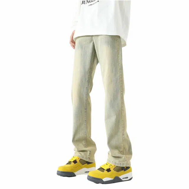 八哥 高街废土风水洗做旧基础款弯刀裤美式复古弹力阔腿显高显瘦垂感百搭时尚高级感运动舒适柔软不硬个性牛仔裤 男女同款